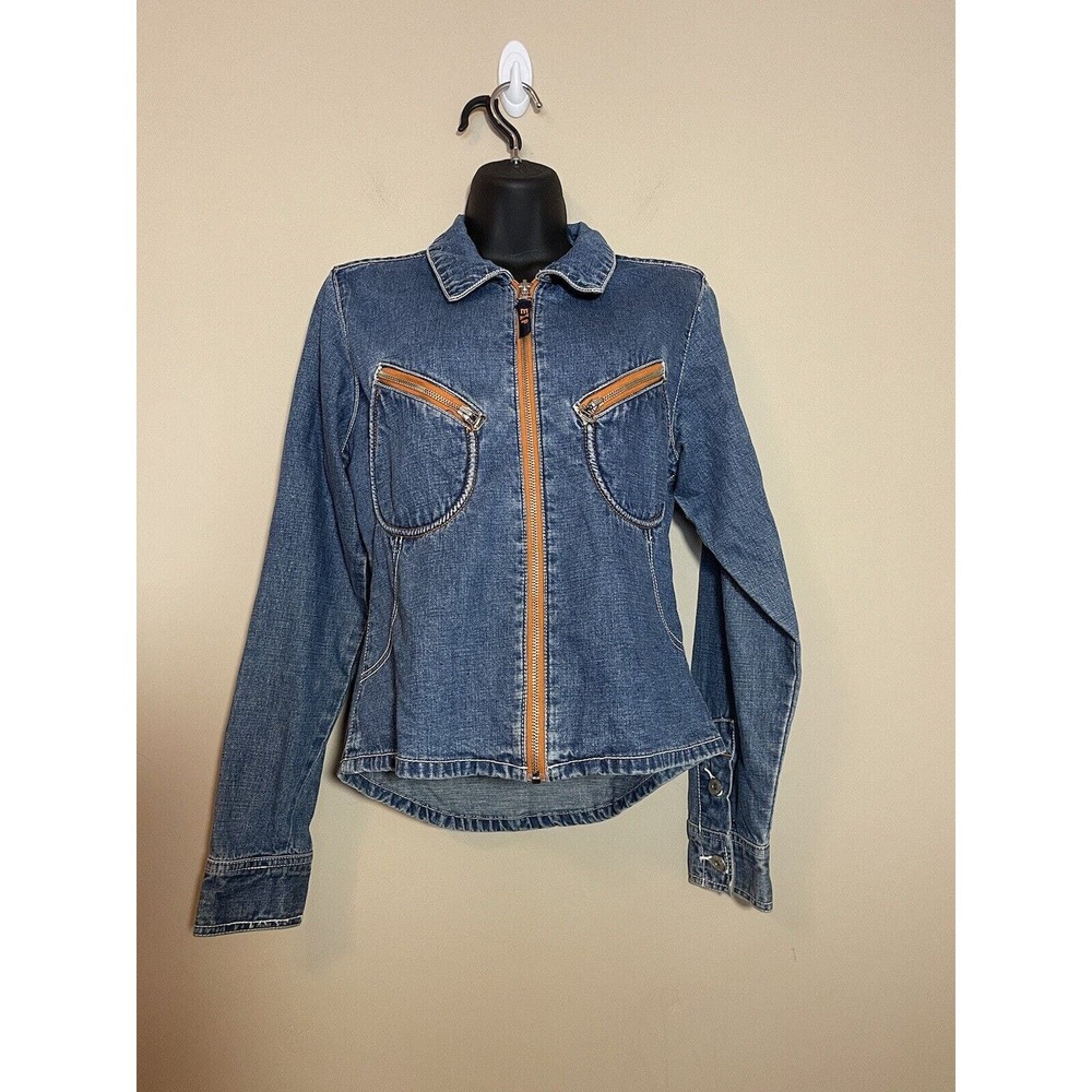 Express Bleus Denim Jacket With Orange Zipper Moto Look Size Medium